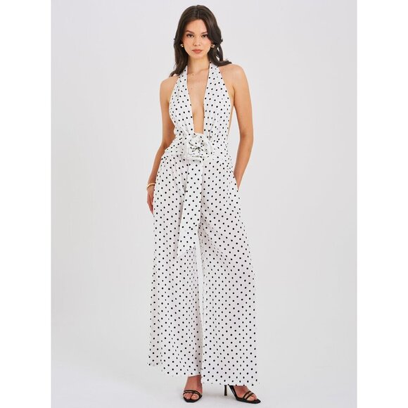 Oriana White Polka Dots Halter Jumpsuit - Picture 1 of 14